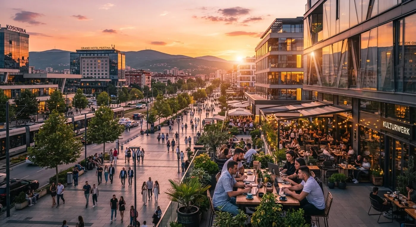 Illustrative image of a lively city boulevard and cafes