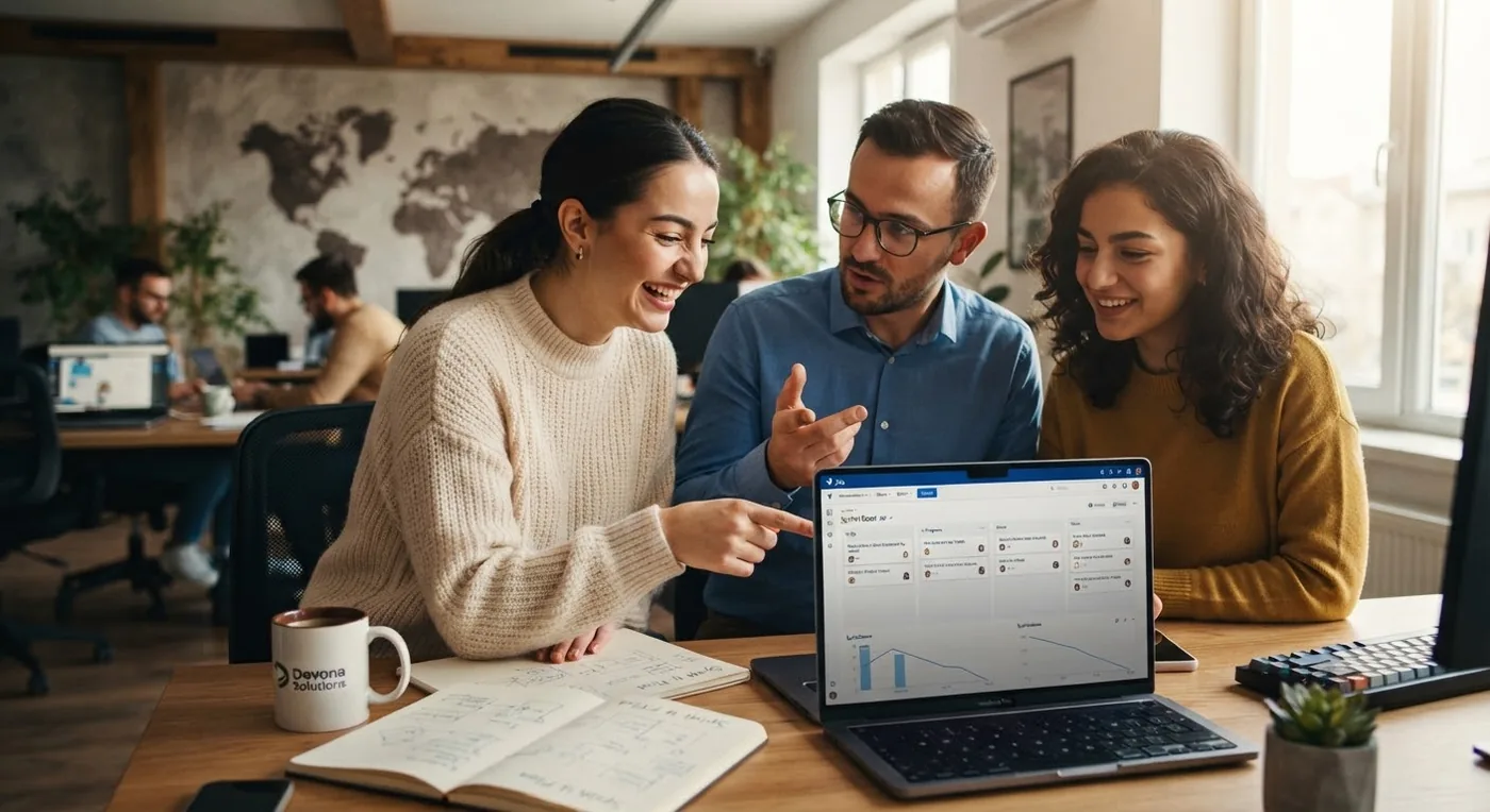 Illustrative image of colleagues collaborating in a modern office