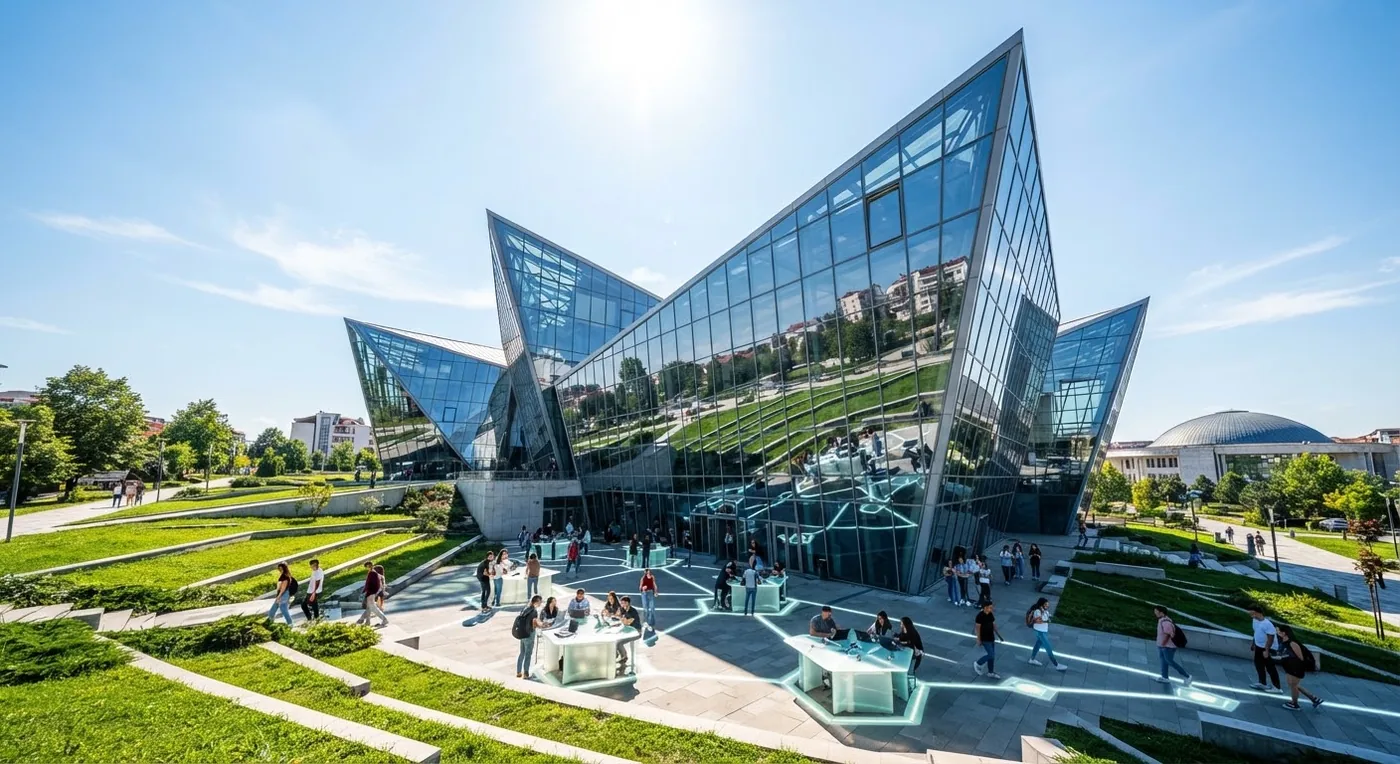 Illustrative image of a university campus with students